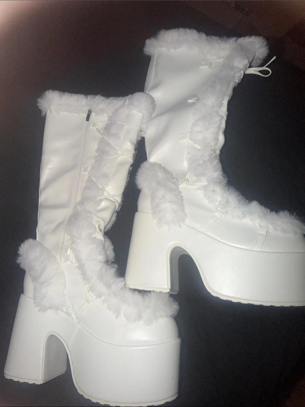 White Faux-Fur Platform Knee Boots - Women